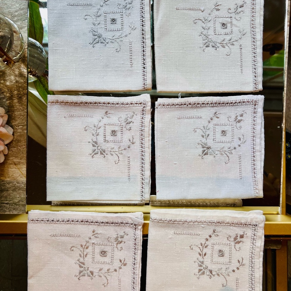 Unique Vintage White Embroidered Beverage Napkins set of 6